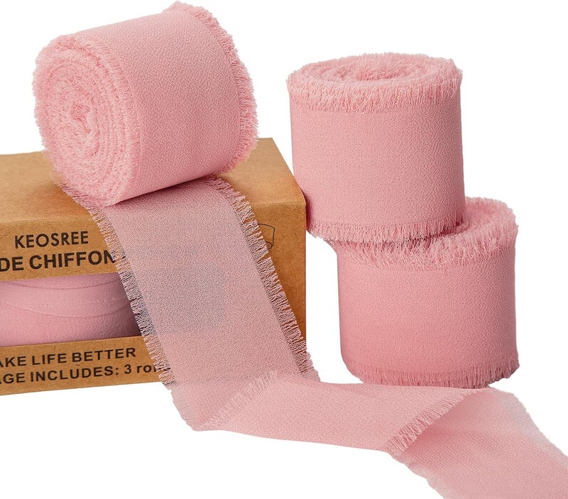 KEOSREE 3 Rolls Blush Pink Handmade Chiffon Ribbon,1.5" x 21Yd Frayed Fringe Silk Ribbons (3 Rolls *7Yd) for Gifts Wrapping, Wedding Invitations, Bridal Bouquets, Decorations - Image 1